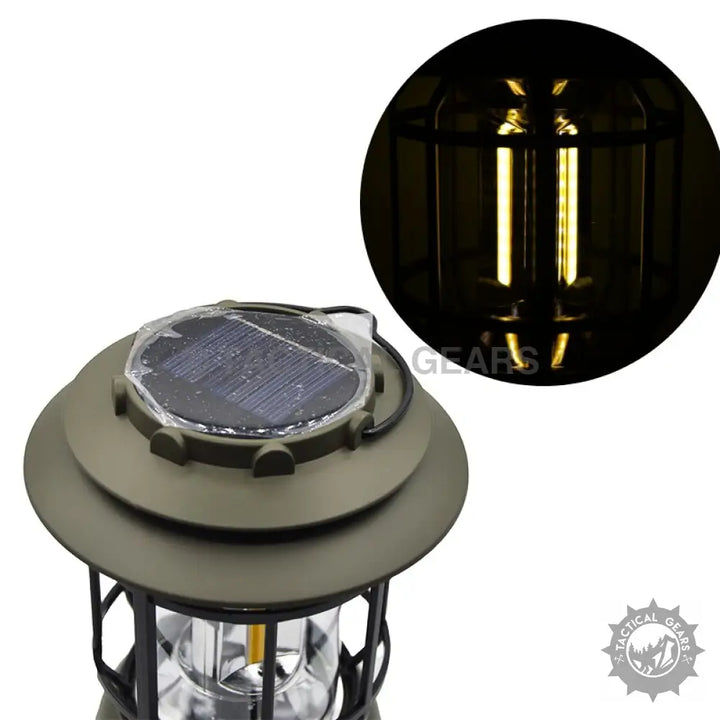 Vintage Retro Camping Rechargeable Solar Lantern with illuminated filament-style bulb