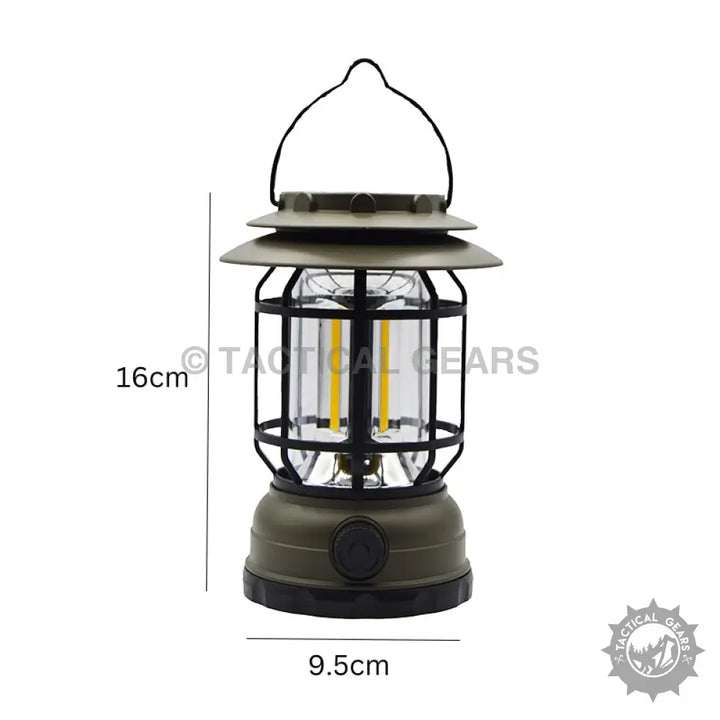 Olive green and black Retro Camping Rechargeable Solar Lantern with glass enclosure and carrying handle