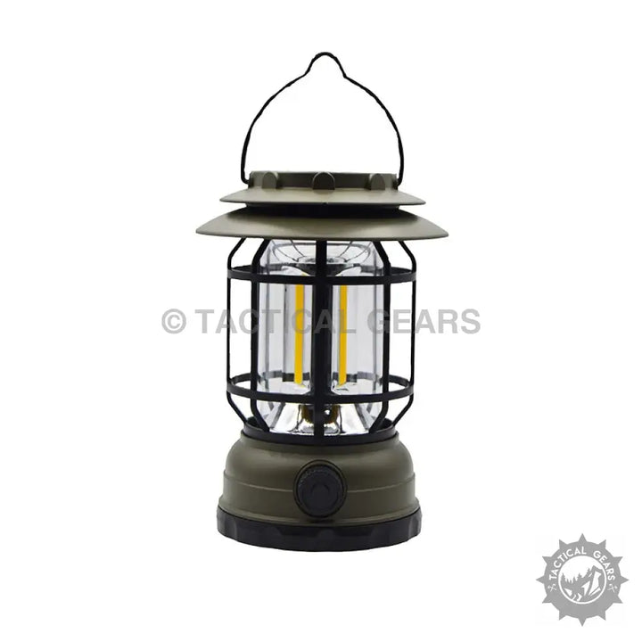 Olive-green vintage-style Retro Camping Rechargeable Solar Lantern with black handle