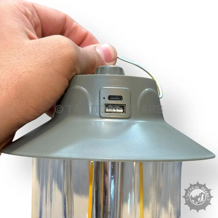 Retro DAT Rechargeable Camping Lantern with USB-A and USB-C ports for outdoor use