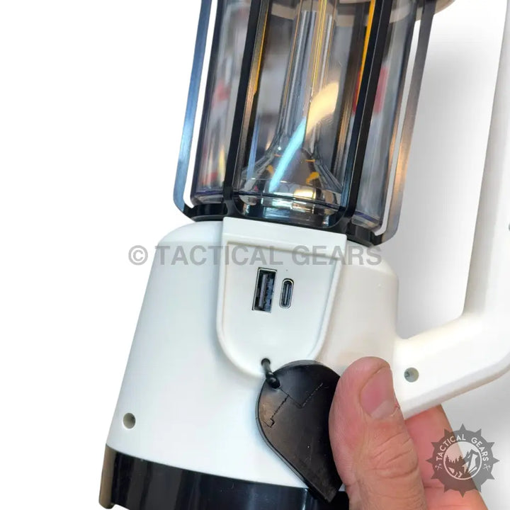 White and black Retro Portable Camping Lantern with USB charging ports for portable camping