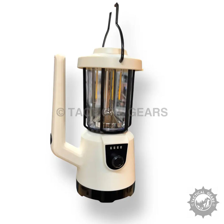 White and black rechargeable portable camping lantern with hook and adjustable handle