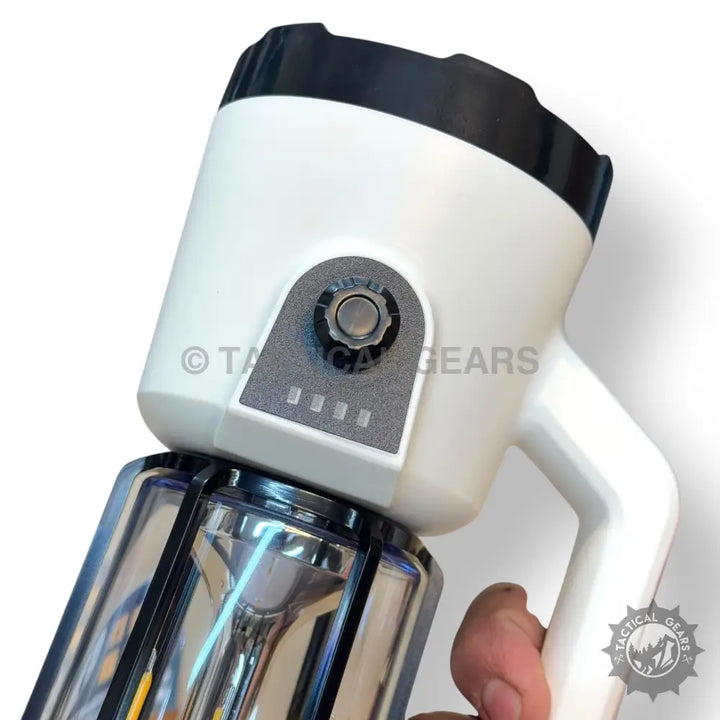 White and black handled Retro Portable Camping Lantern with adjustable brightness and battery indicator