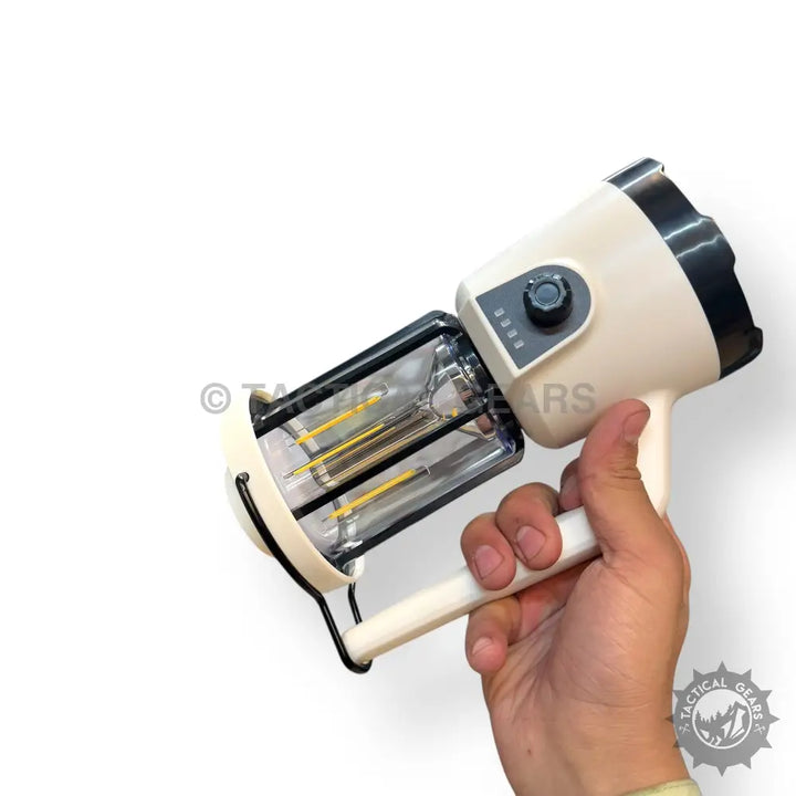 Portable camping lantern with built-in electric heater, visible heating elements, and control knob