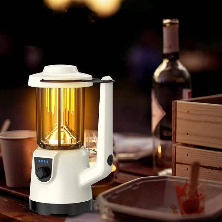 Retro Portable Camping Lantern with warm glow, glass shade, handle, and battery indicator