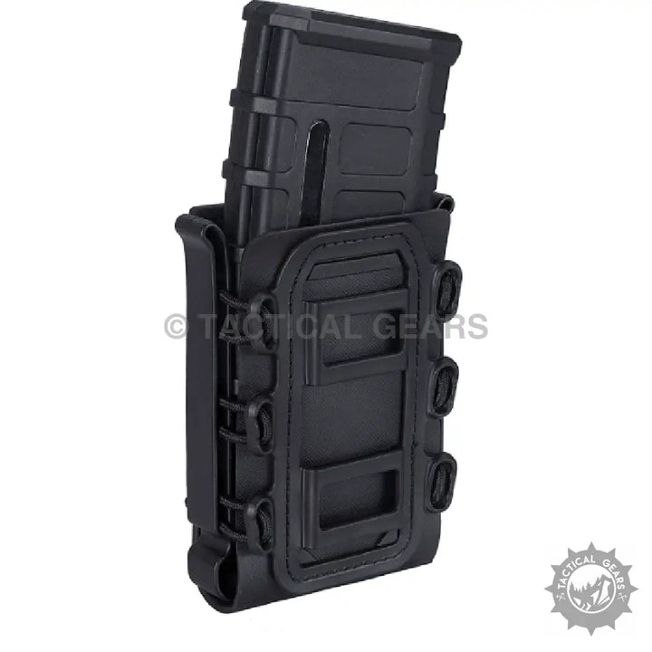 Black polymer rifle mag pouch holster with magazine inserted for secure storage