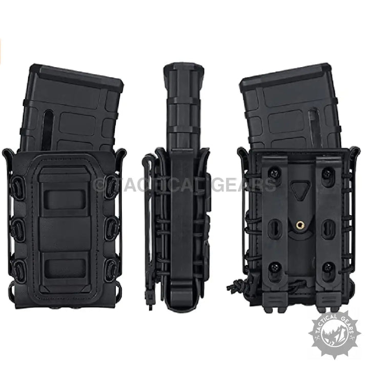 Black tactical rifle mag pouch holster with magazine inserted from three angles