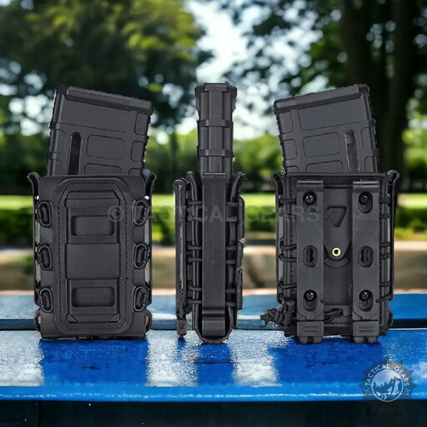 Black tactical rifle mag pouch holster for carrying rifle magazines securely