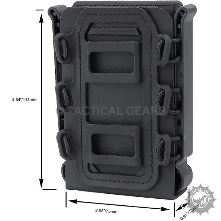 Black tactical rifle mag pouch holster with adjustable retention and belt clips