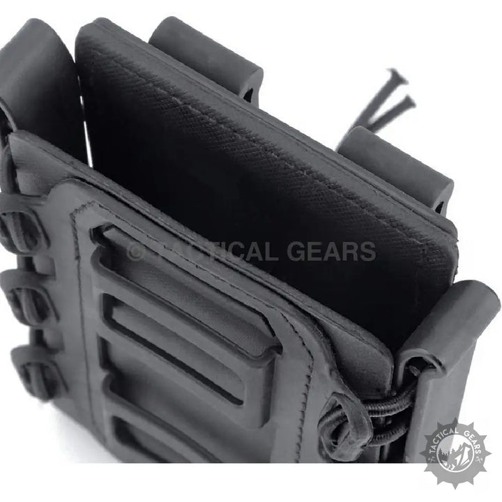 Black tactical rifle mag pouch holster with open top and elastic retention for secure magazine storage