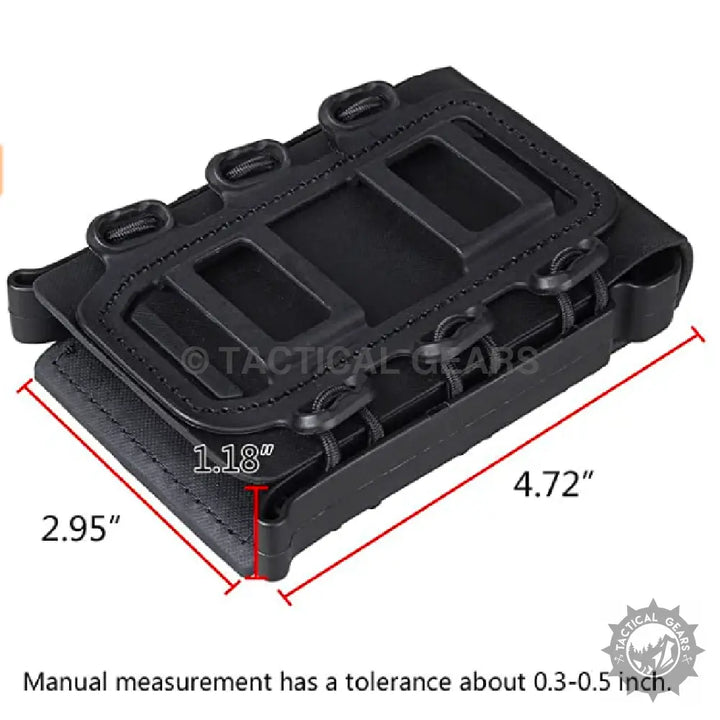Black tactical pouch holster with adjustable retention for rifle mag pouch and attachment points