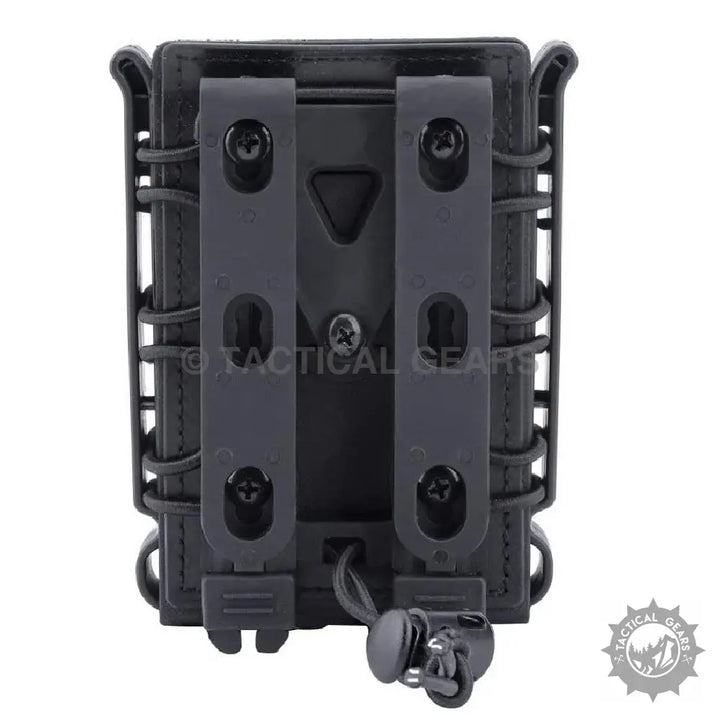 Black tactical rifle mag pouch holster with adjustable retention and belt clips