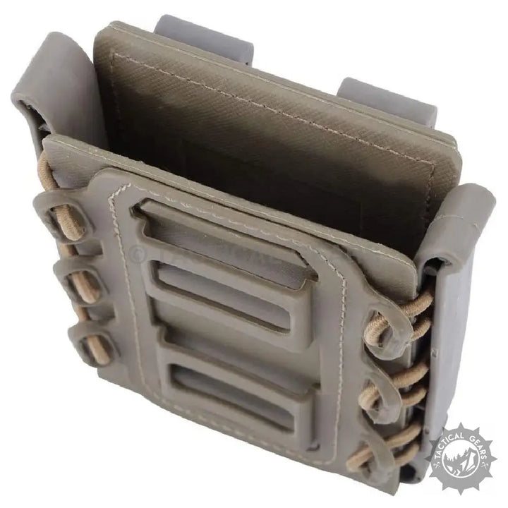 Tan polymer rifle mag pouch holster with bungee retention for secure magazine storage