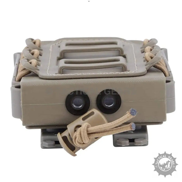 Tan tactical rifle mag pouch holster with bungee retention system for secure storage