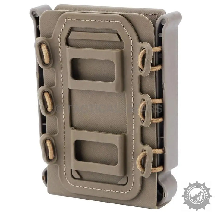 Tan rigid rifle mag pouch holster with adjustable retention straps for secure carry