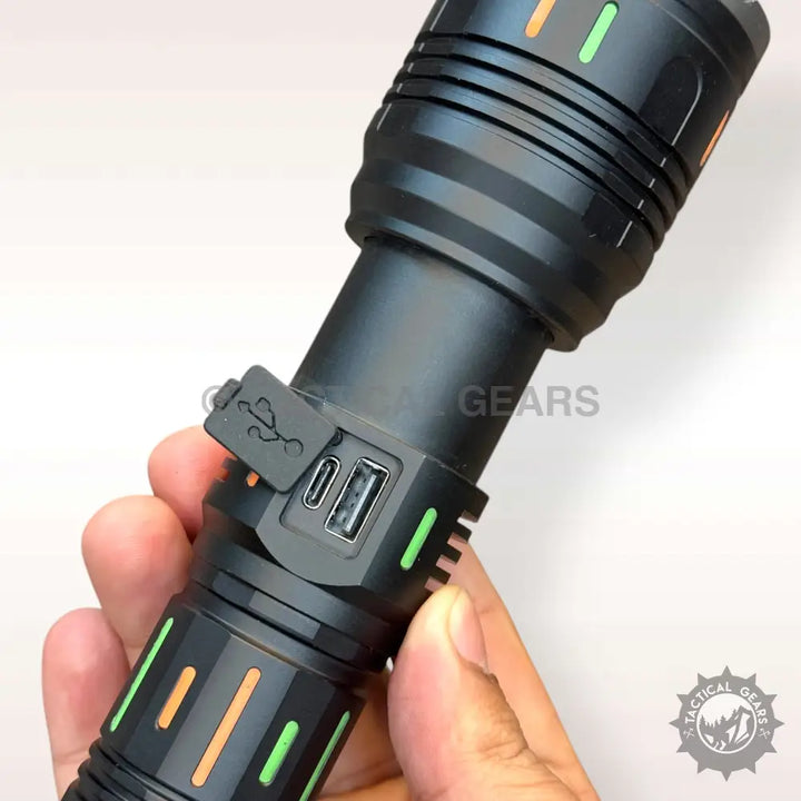 Ruilang 1KM Powerful Tactical Flashlight with integrated USB-A and USB-C charging ports