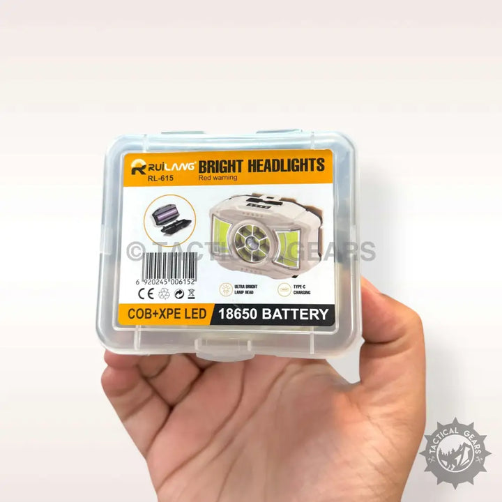 Clear plastic case with Ruilang Bright LED Headlight featuring bright LED technology and red warning lights