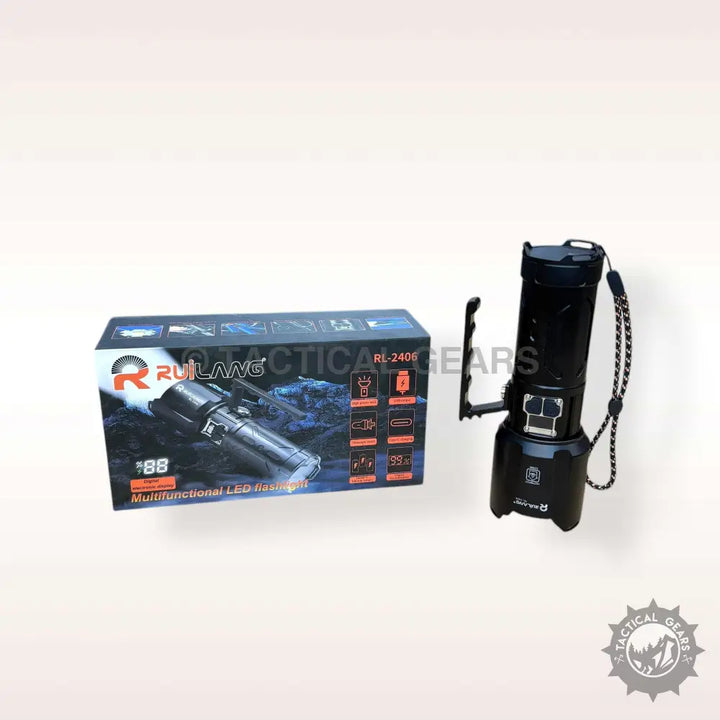 Black tactical Ruilang LED flashlight with rechargeable battery and box packaging