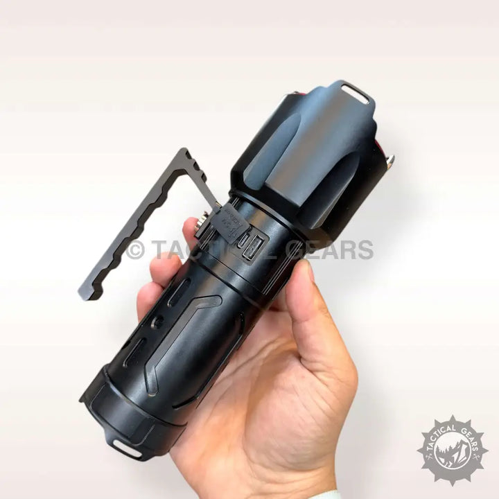 Black tactical Ruilang LED flashlight with side-mounted handle for outdoor use