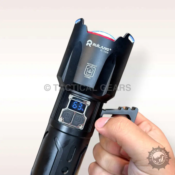 Black tactical Ruilang LED flashlight with digital display and integrated handle