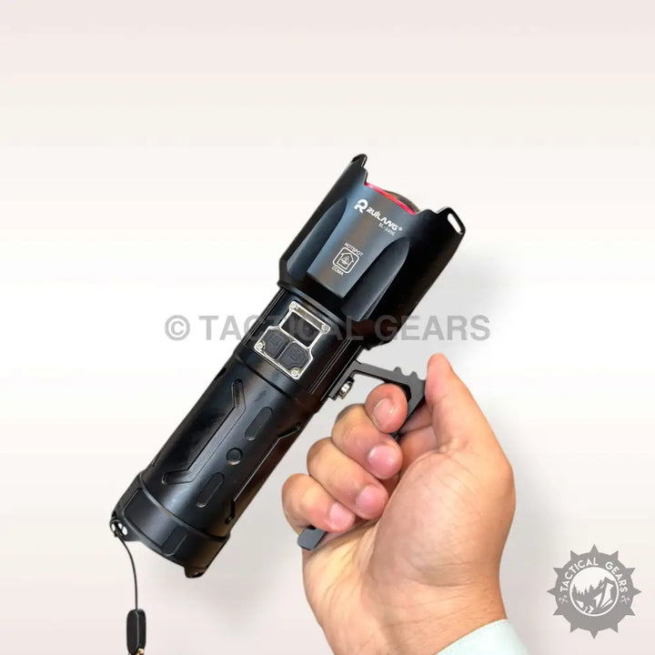 Black Ruilang LED Flashlight with side grip and wrist strap for tactical use