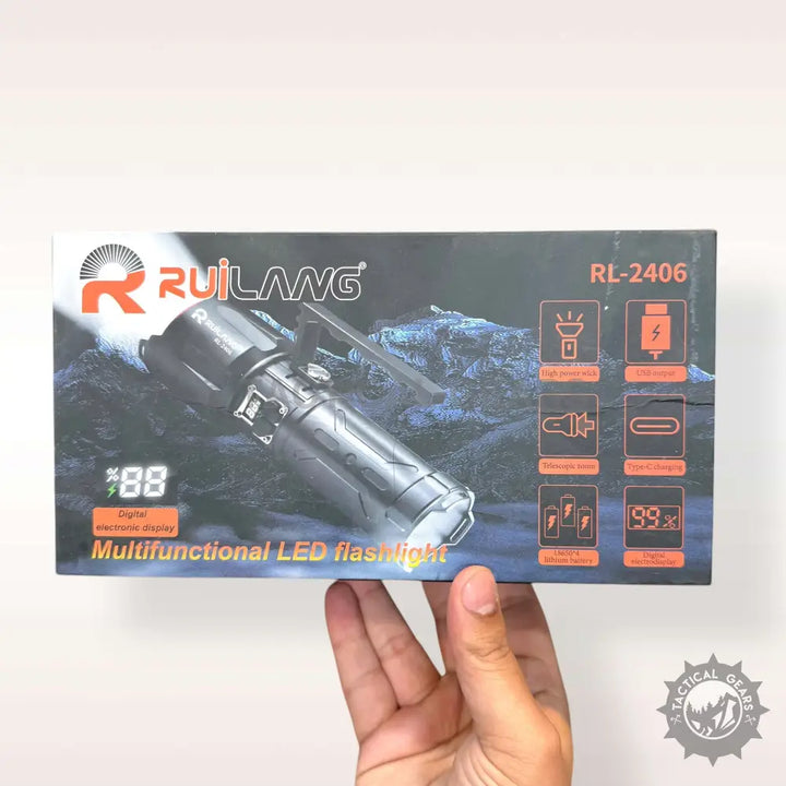Black Ruilang LED Flashlight in retail packaging, multifunctional LED flashlight