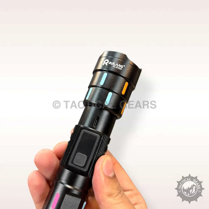 Black tactical Ruilang Multifunction Flashlight with colorful indicator lights and rubberized grip