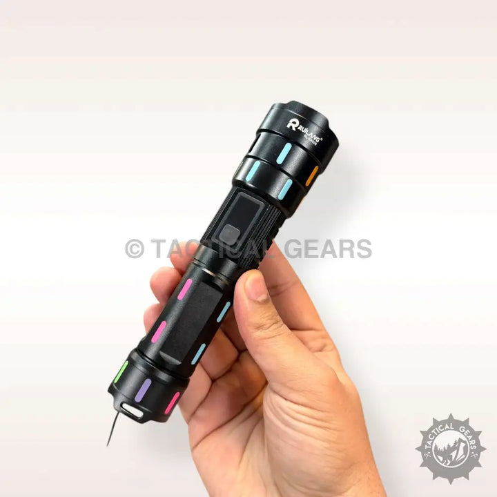 Black tactical Ruilang Multifunction Flashlight with colorful glowing segments and pointed tip