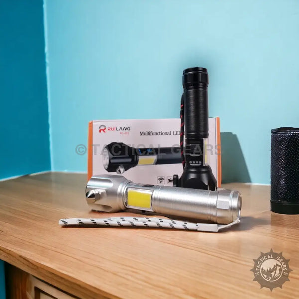 Ruilang Multifunctional LED flashlight with silver and black flashlights and white orange box