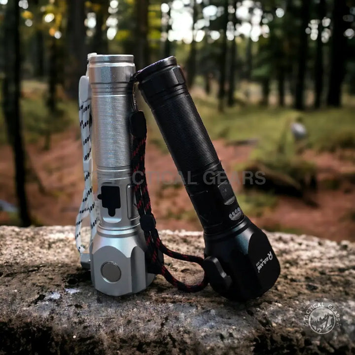 Ruilang Multifunctional LED Flashlight with silver and black models and lanyards