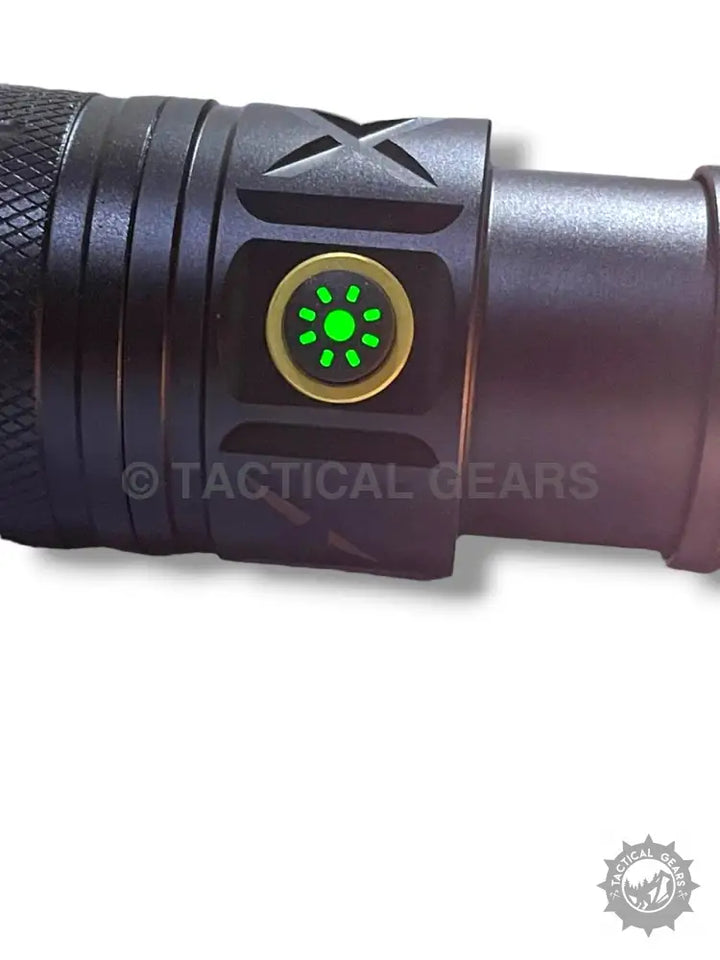 Ruilang P90 USB Type-C Rechargeable Torch with dark gray metal body and green power button
