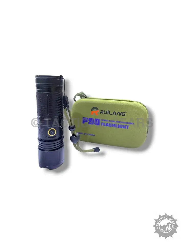 Ruilang P90 USB Type-C Rechargeable Torch with black tactical flashlight and green case