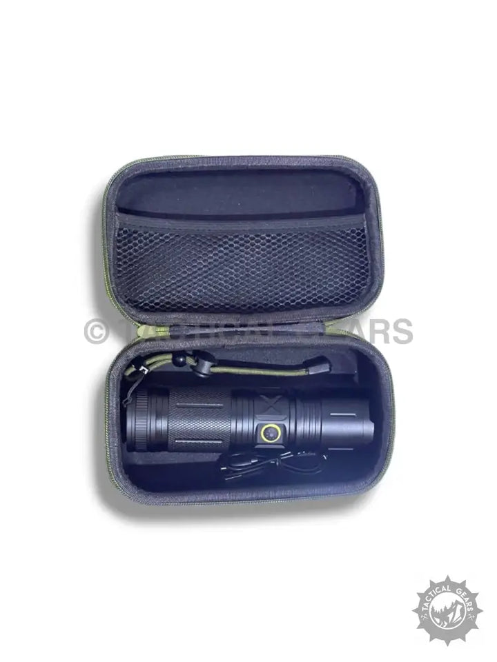 Ruilang P90 USB Type-C Rechargeable Torch in hard-shell case with tactical flashlight and strap
