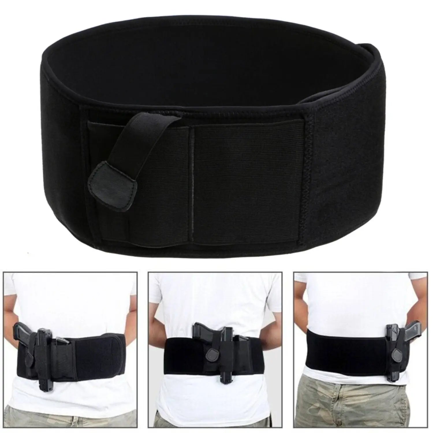 Black elastic waist band belly holster with multiple compartments for concealed carry