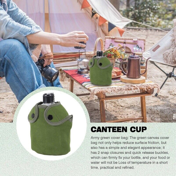Water Bottle Army Canteen  with Travel Cover Pouch