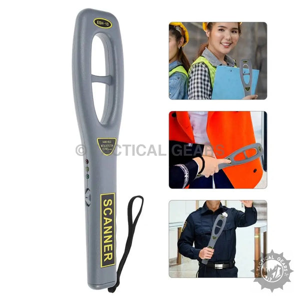 Grey handheld metal detector with black wrist strap for security inspection and detection