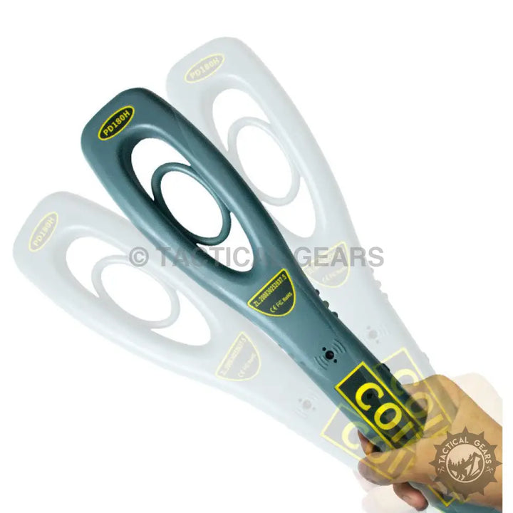 Handheld metal detector with grey body and yellow accents for security inspection