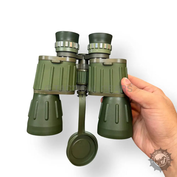 Olive green Seeker 10x50 binoculars with ribbed barrels and adjustable eyepieces for 10x magnification