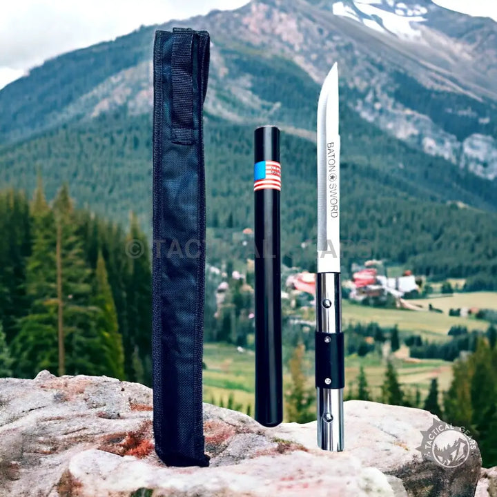 Self-defense US Baton Sword with black sheath, American flag baton, and silver baton sword