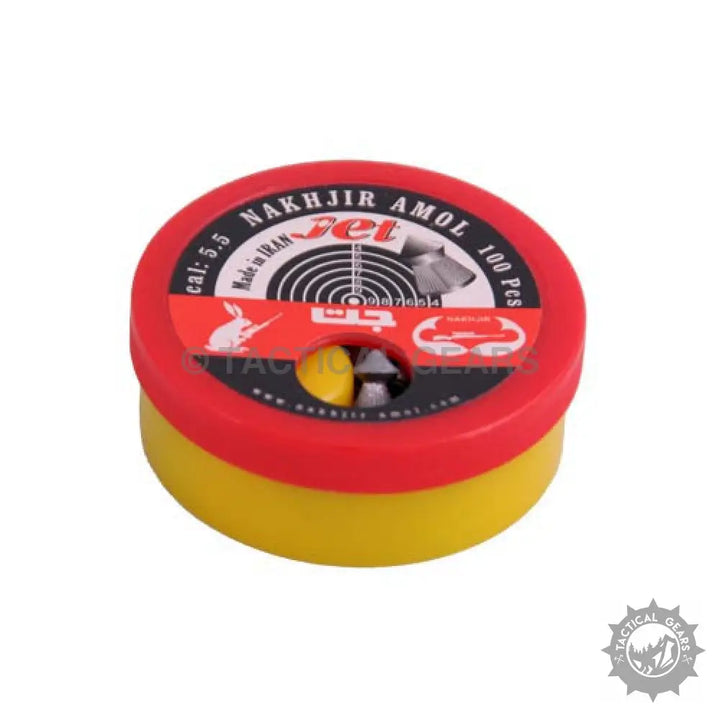 Red and yellow container of Jet Nakhjir Amol Air Rifle 5.5mm Pellets with sharp head