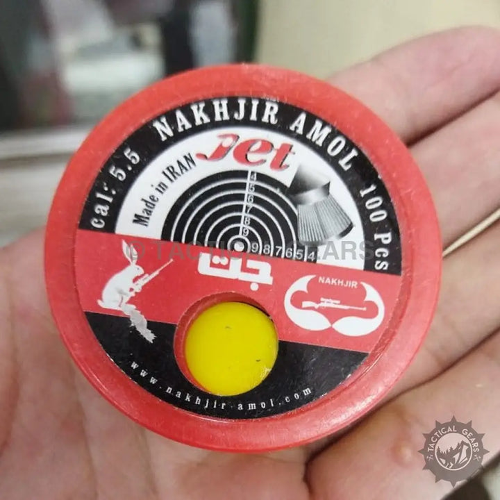 Round red container of Jet Nakhjir Amol Air Rifle Pellets with sharp head 5.5mm