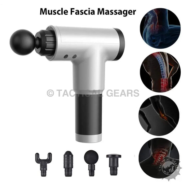 Silver and black handheld muscle massager with four interchangeable heads for deep muscle relief
