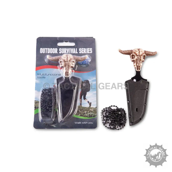 Skythia Limitless Push Knife with bull skull handle, black sheath, and ball chain