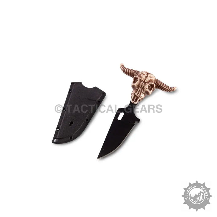 Skythia Limitless Push Knife with bull skull handle and black sheath for collectors