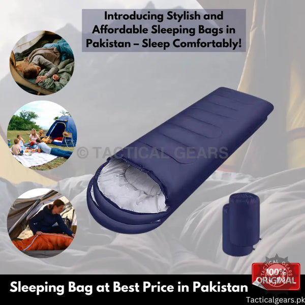 Dark blue sleeping bag with white lining for camping and outdoor use in Pakistan