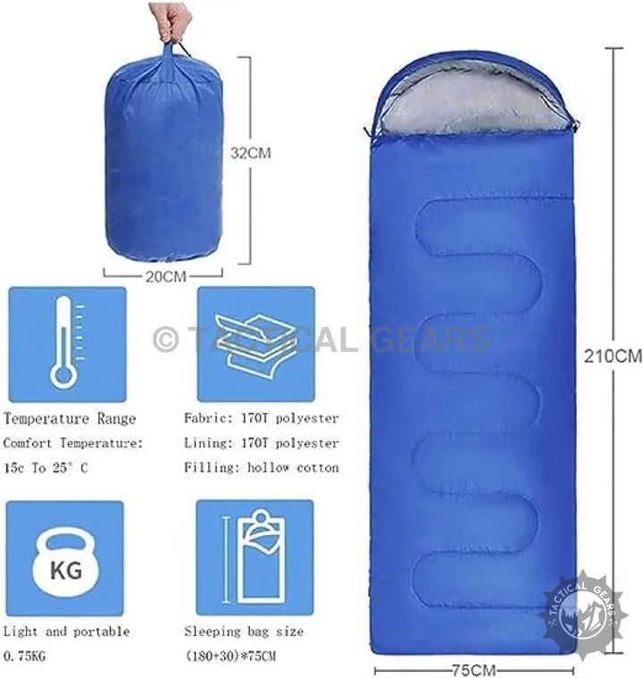 Blue sleeping bag with polyester fabric and hollow cotton filling, ideal for camping in Pakistan