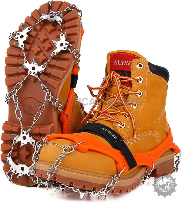 Pair of hiking boots with Snow Grips Crampons Ice Traction Cleats for winter safety