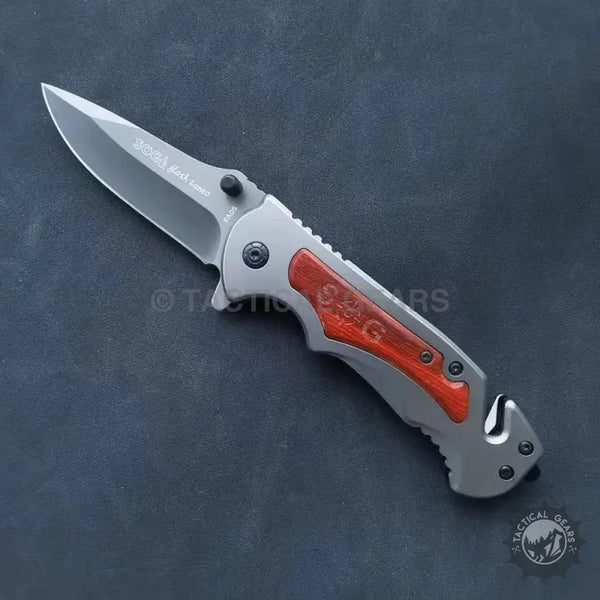 Silver SOG Tactical Folding Pocket Knife with red wooden handle and seatbelt cutter