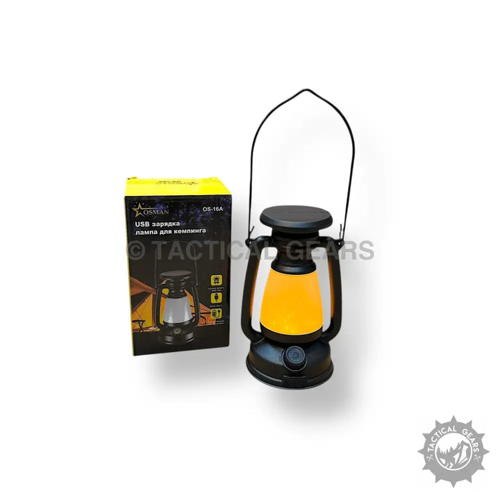 Black camping lantern with bright orange glow, Solar Camping USB Rechargeable Lamp, rechargeable lamp