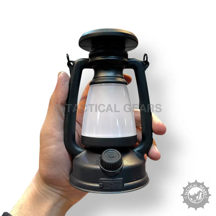 Black portable LED camping lantern with frosted diffuser, solar camping USB rechargeable lamp